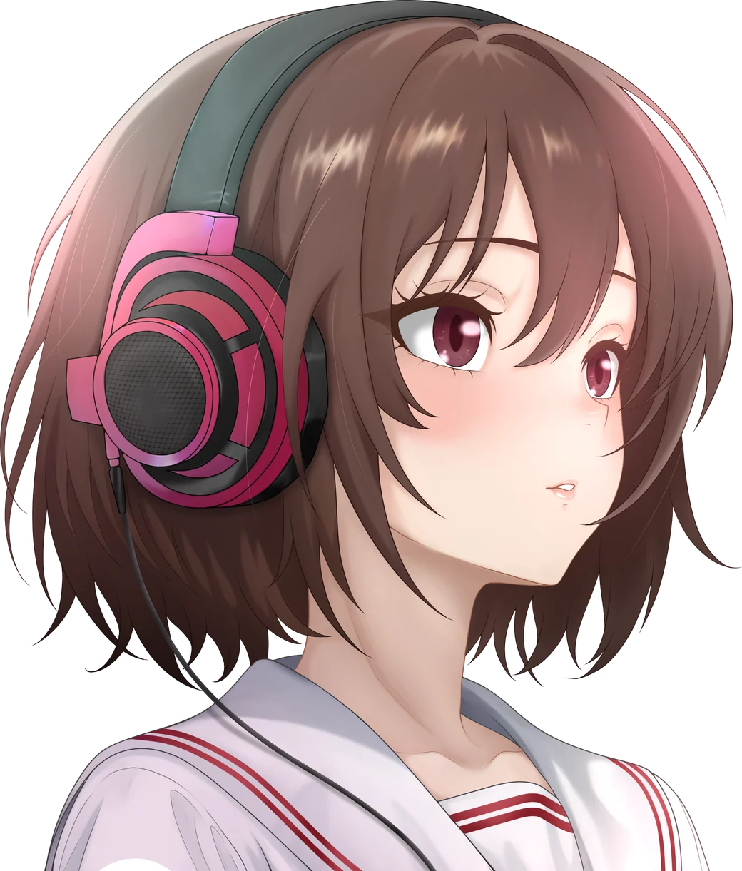 Mimi, the AnonListen character, a girl with short brown hair listening on pink headphones