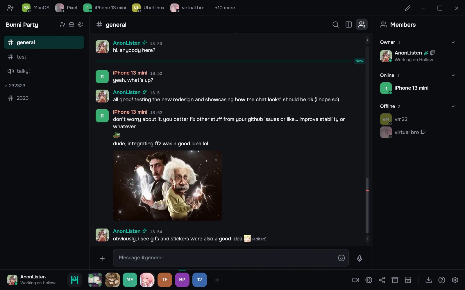 A Hollow server on desktop, with its channels on the left, a chat in the middle and the member list on the right
