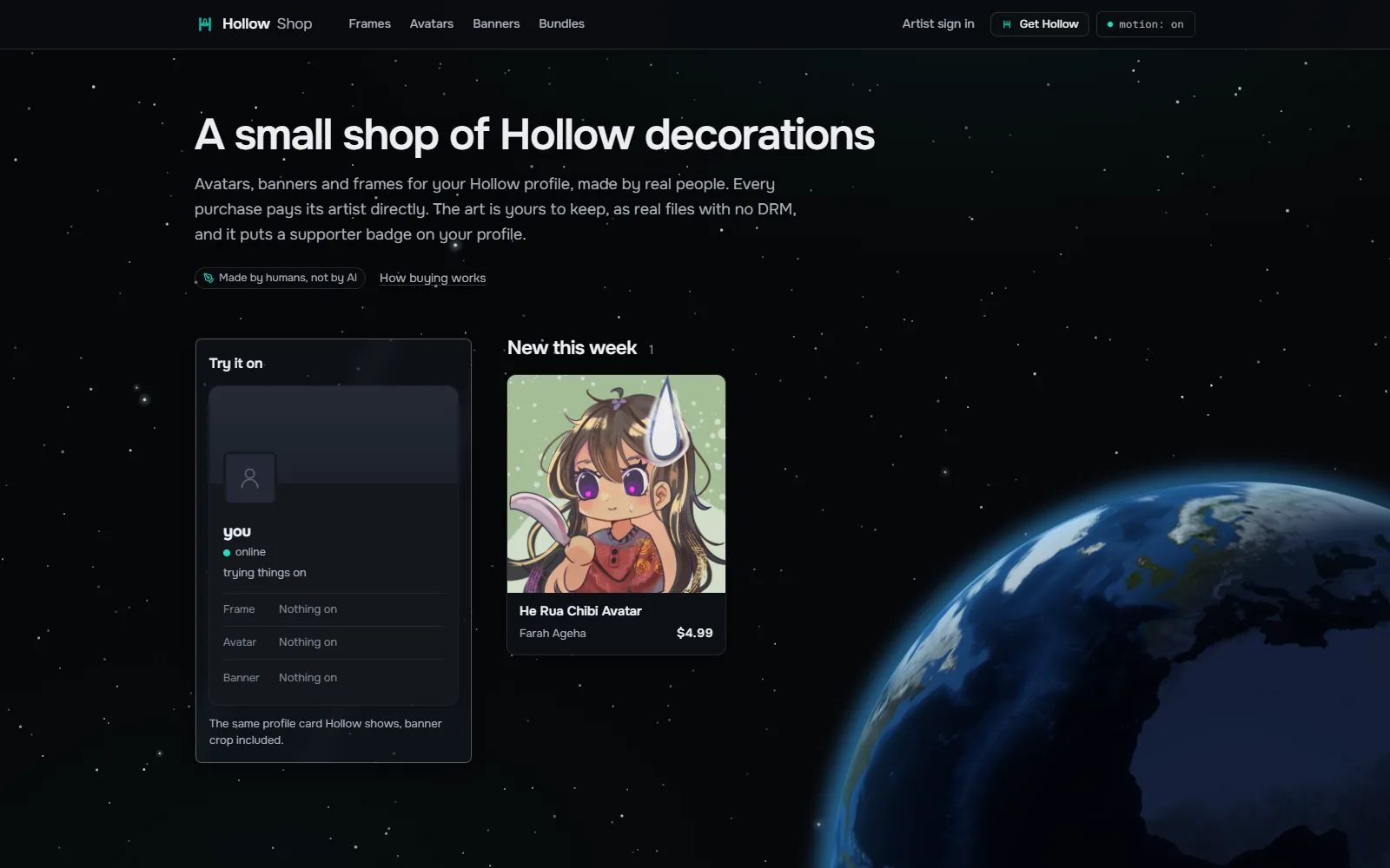The Hollow Shop's front room, with a try-on profile card beside the newest avatar