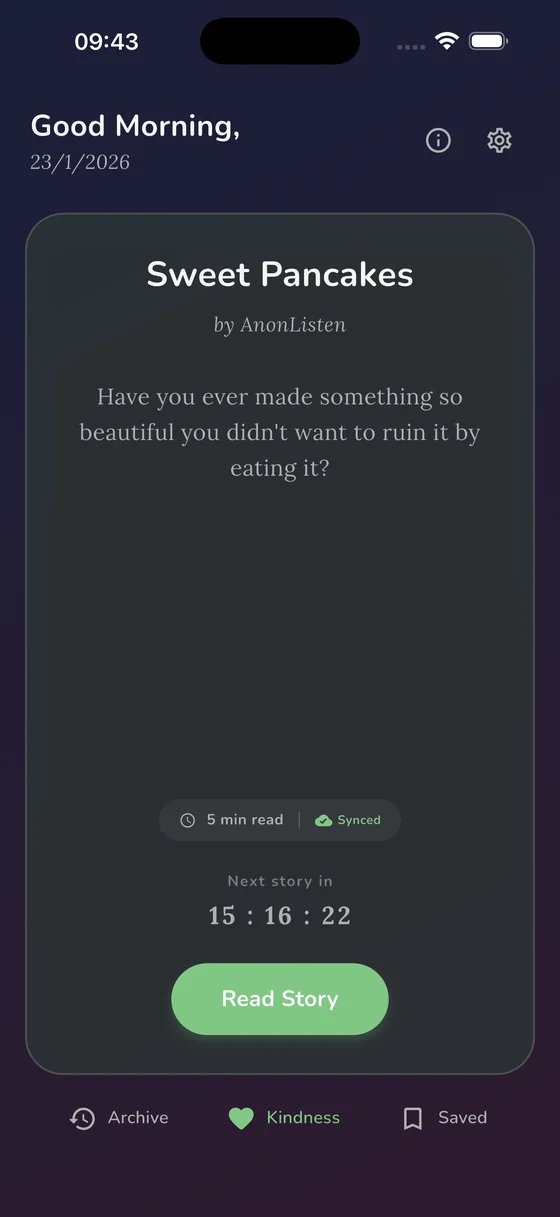 Wholesome Story A Day's home screen, with today's story and a Read Story button